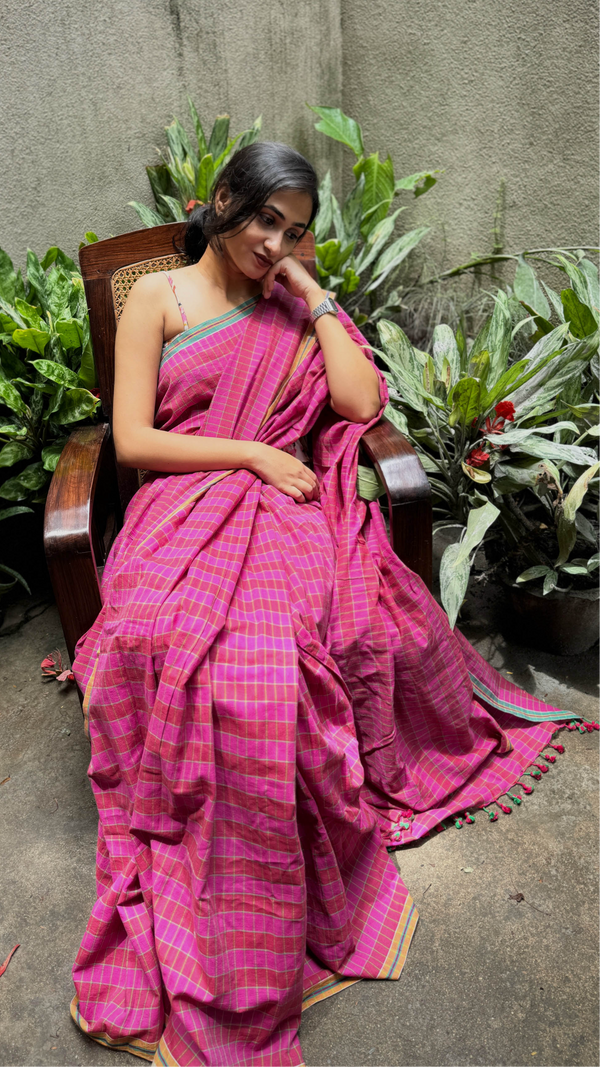 Pink & Green Checks Handloom Cotton Saree