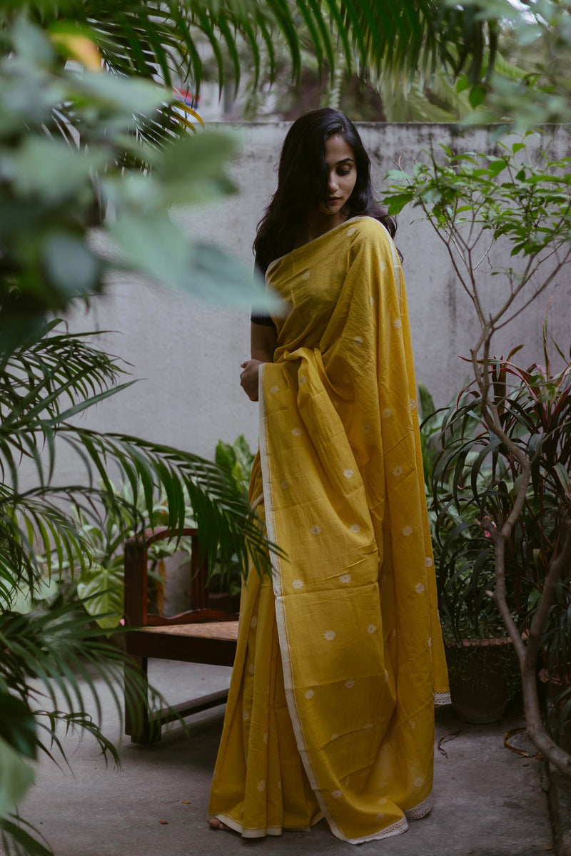 Yellow & White - Handloom Cotton Jamdani Saree