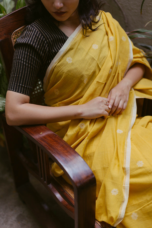 Yellow & White - Handloom Cotton Jamdani Saree