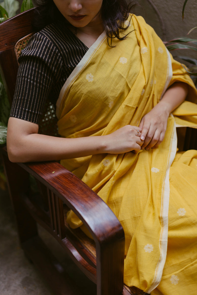 Yellow & White - Handloom Cotton Jamdani Saree
