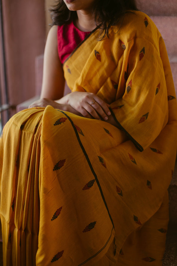 Bright Yellow - Handloom Linen Jamdani Saree