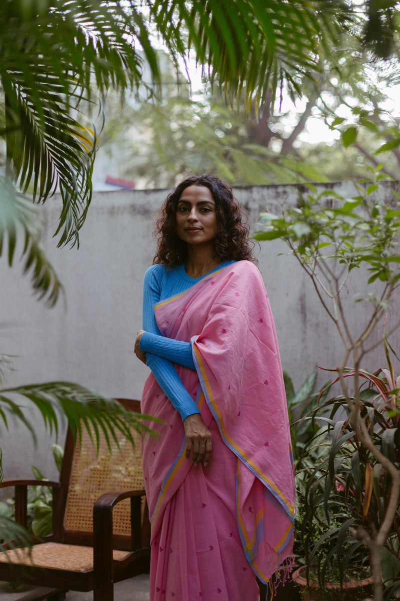 Pink Hearts - Handloom Cotton Jamdani Saree