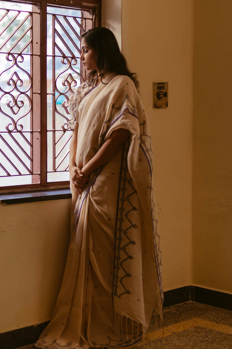Beige & Indigo - Handloom Linen Jamdani Saree