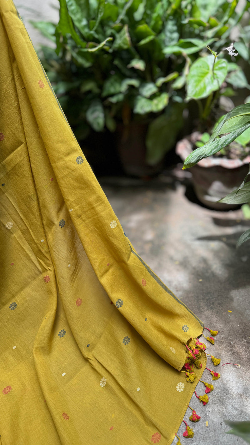Yellow Multicolour Floral-Handloom Cotton Jamdani Saree