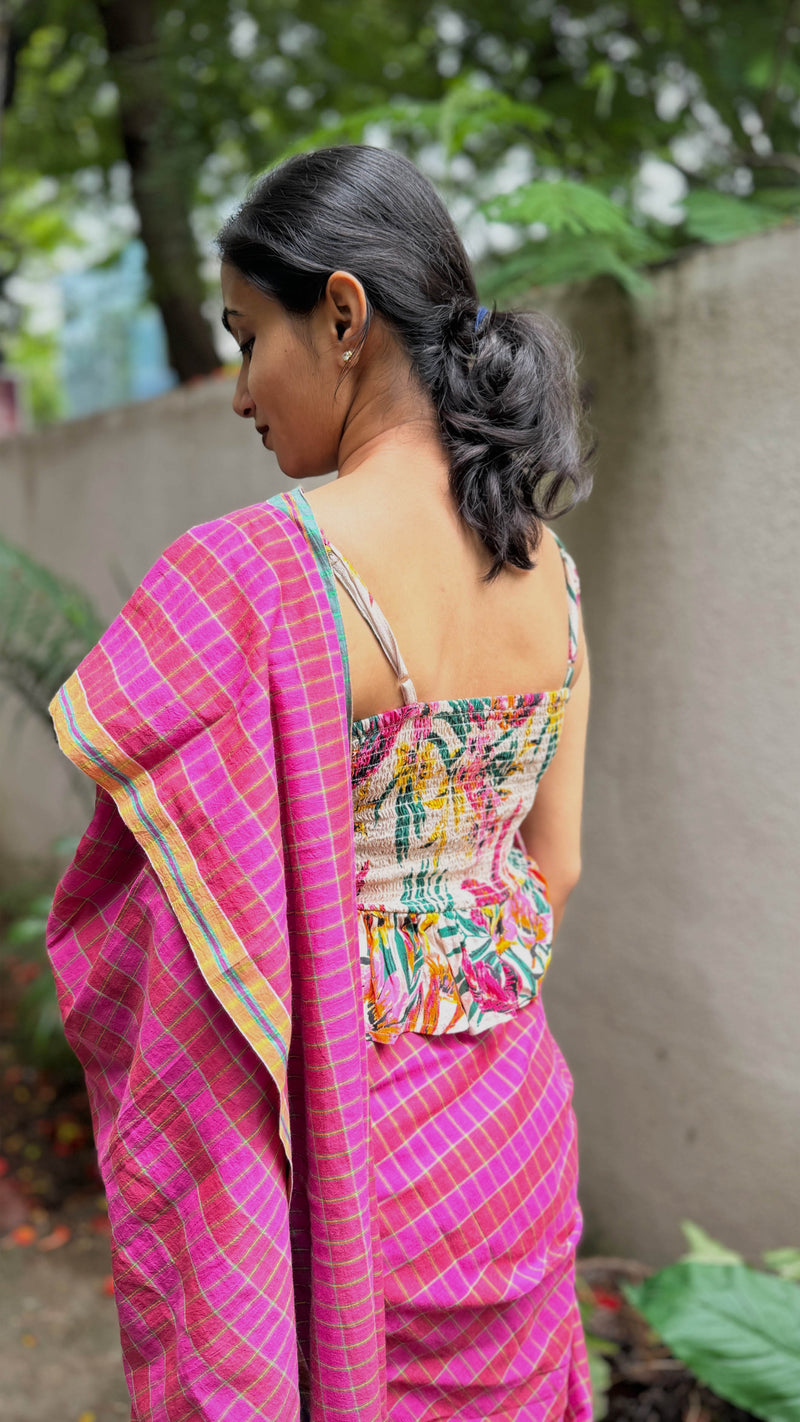 Pink & Green Checks Handloom Cotton Saree