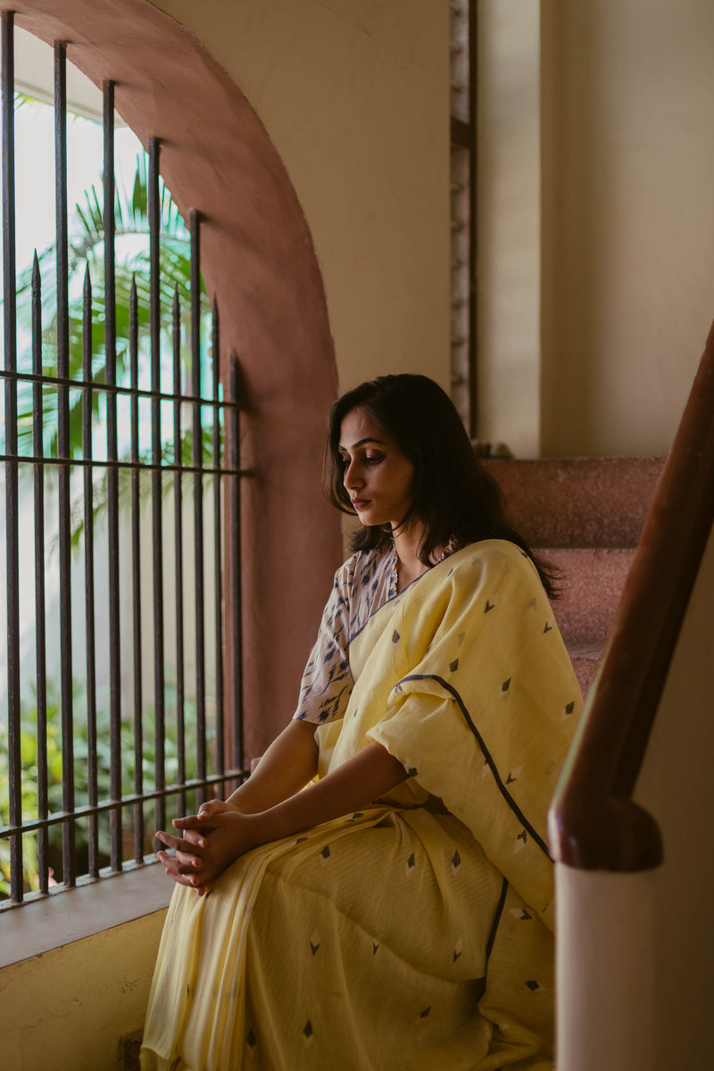 Lemon Yellow - Handloom Linen Jamdani Saree
