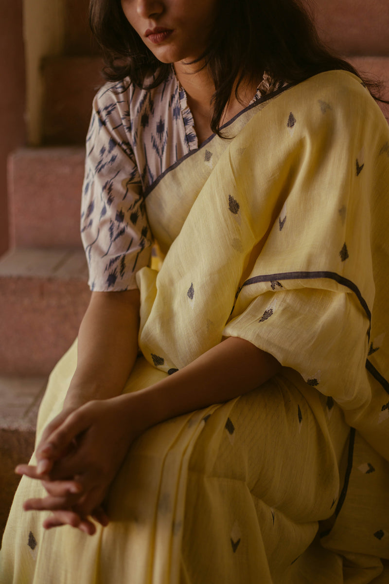 Lemon Yellow - Handloom Linen Jamdani Saree
