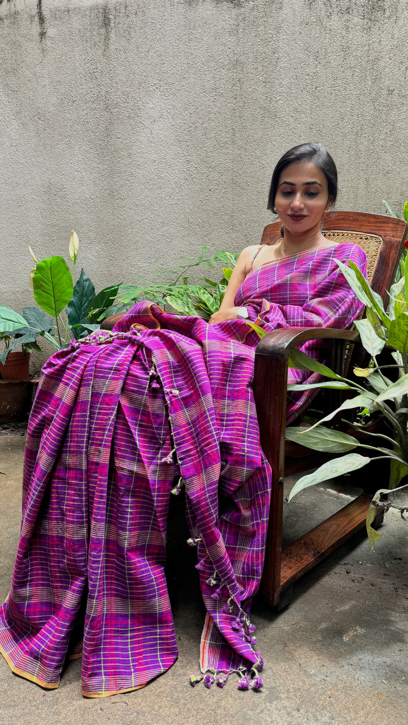 Purple Multicolour Checks Handloom Cotton Saree