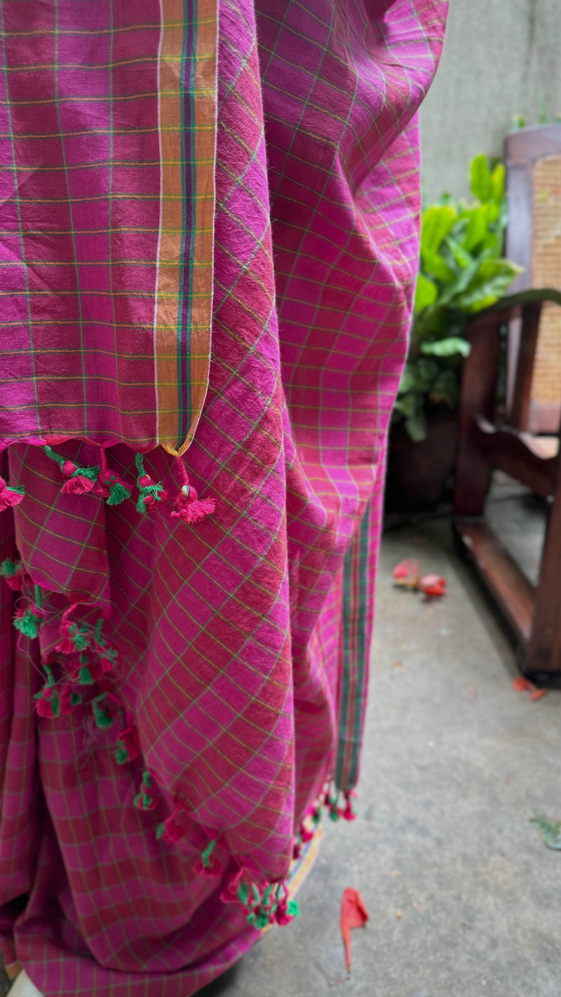 Pink & Green Checks Handloom Cotton Saree