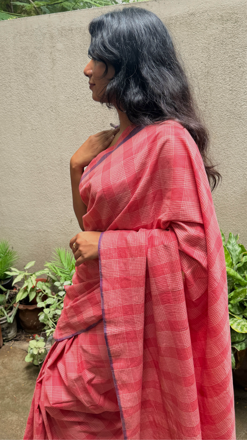 Dark Peach Checks - Handloom Cotton Saree