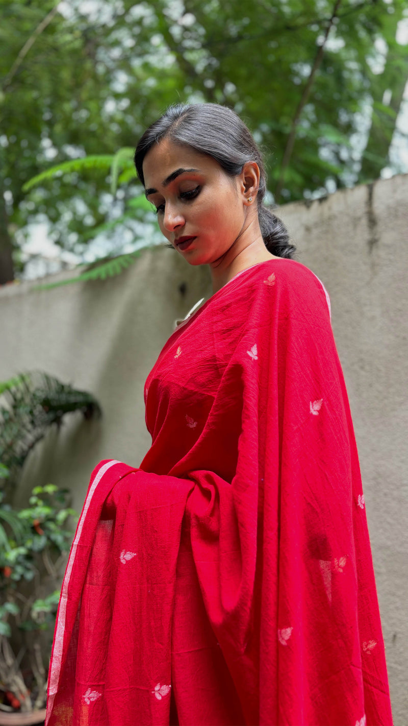 Red & White Floral - Handloom Cotton Jamdani Saree