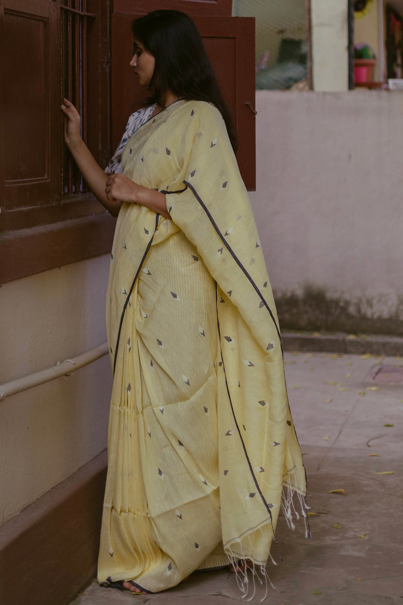 Lemon Yellow - Handloom Linen Jamdani Saree