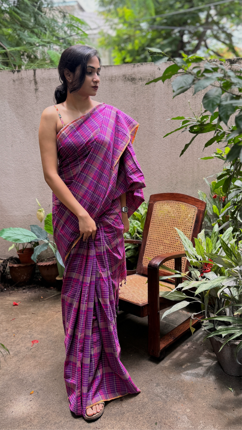 Purple Multicolour Checks Handloom Cotton Saree