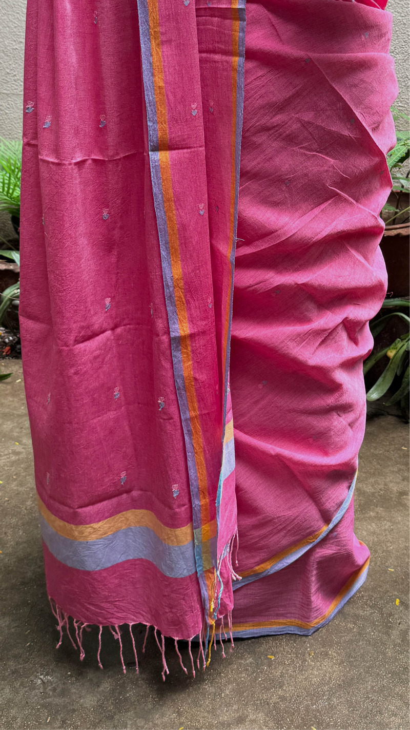 Bright Pink & Blue Hearts - Handloom Cotton Jamdani  Saree
