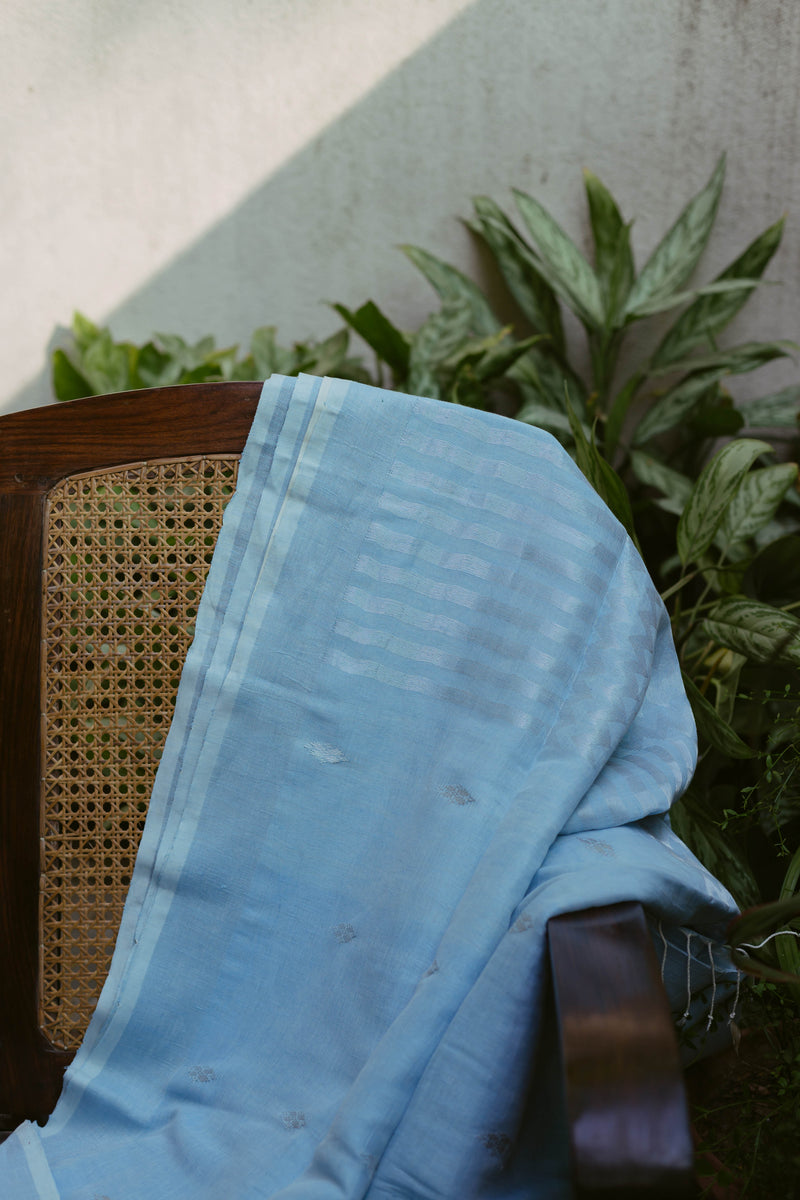 Baby Blue & Silver - Handloom Linen Jamdani Saree