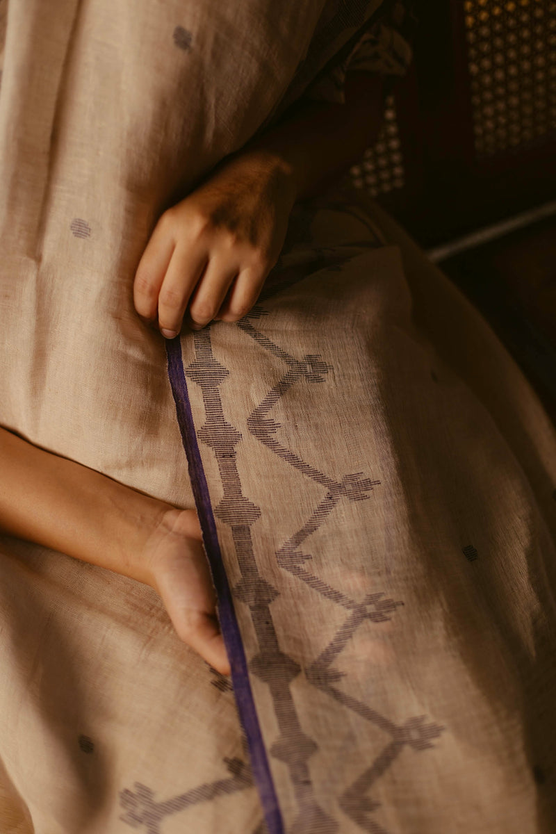 Beige & Indigo - Handloom Linen Jamdani Saree