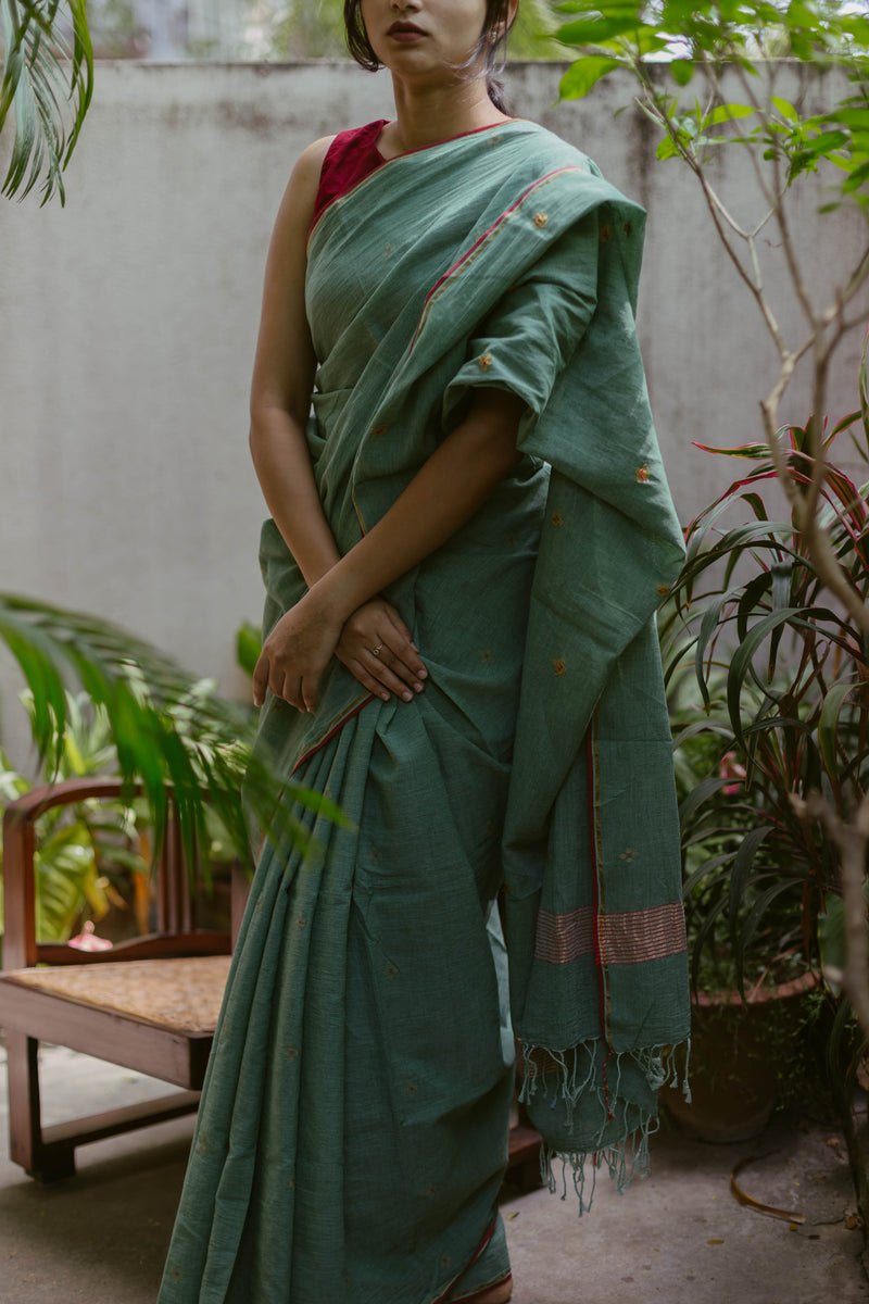 Green & Red - Handloom Cotton Jamdani Saree