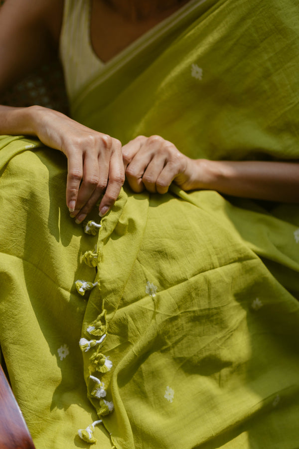 Lime Green & White -Handloom Cotton Jamdani Saree