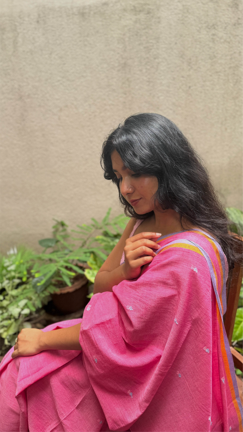 Bright Pink & Blue Hearts - Handloom Cotton Jamdani  Saree