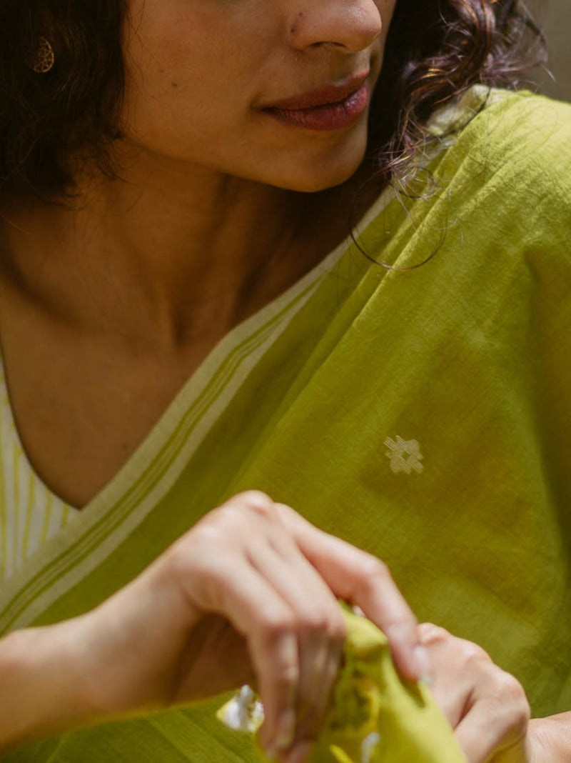 Lime Green & White -Handloom Cotton Jamdani Saree