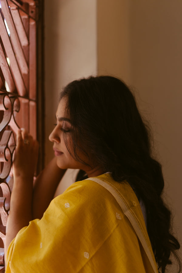 Yellow Marigold Dye - Khadi Jamdani Saree