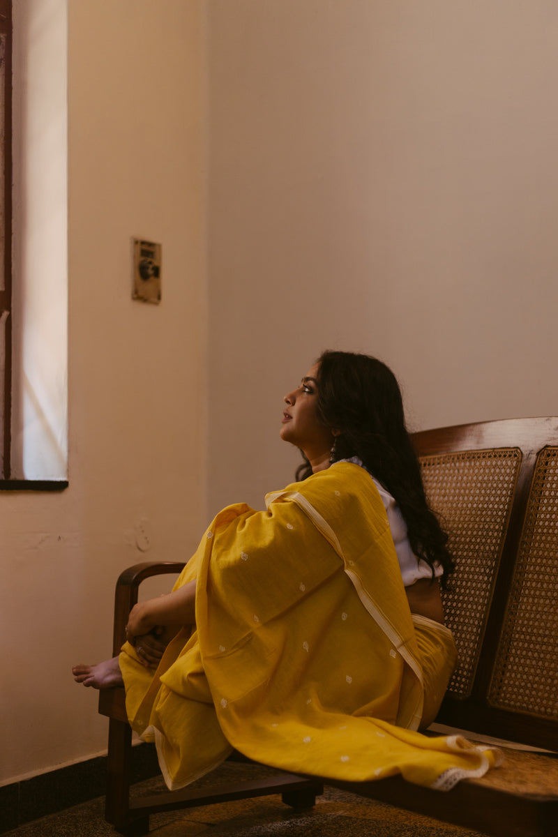 Yellow Marigold Dye - Khadi Jamdani Saree