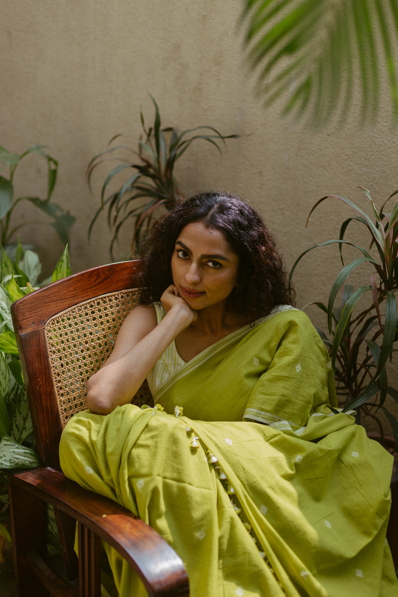 Lime Green & White -Handloom Cotton Jamdani Saree
