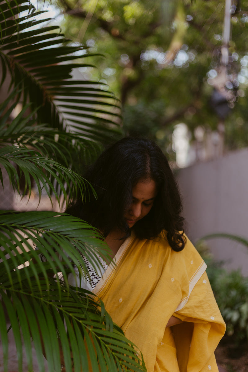 Yellow Marigold Dye - Khadi Jamdani Saree
