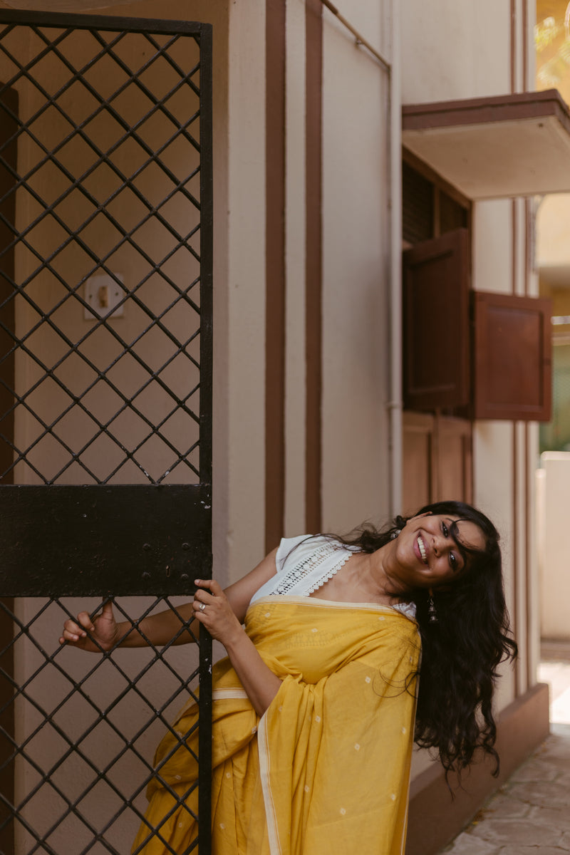 Yellow Marigold Dye - Khadi Jamdani Saree