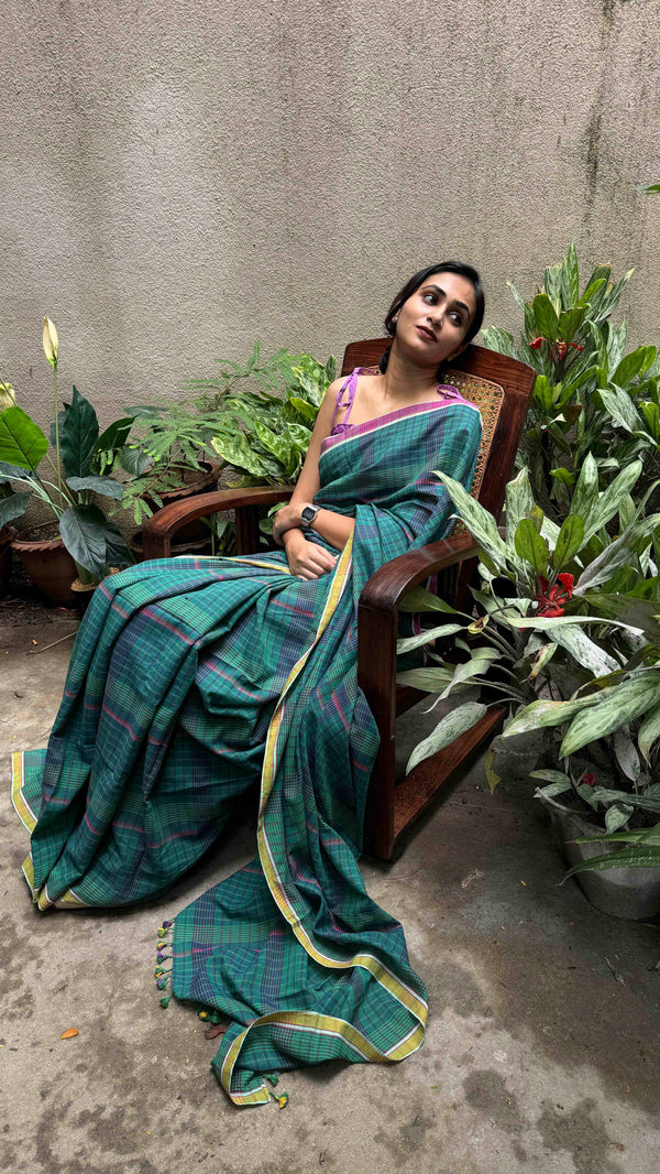 Green & Blue Checks Handloom Cotton Saree