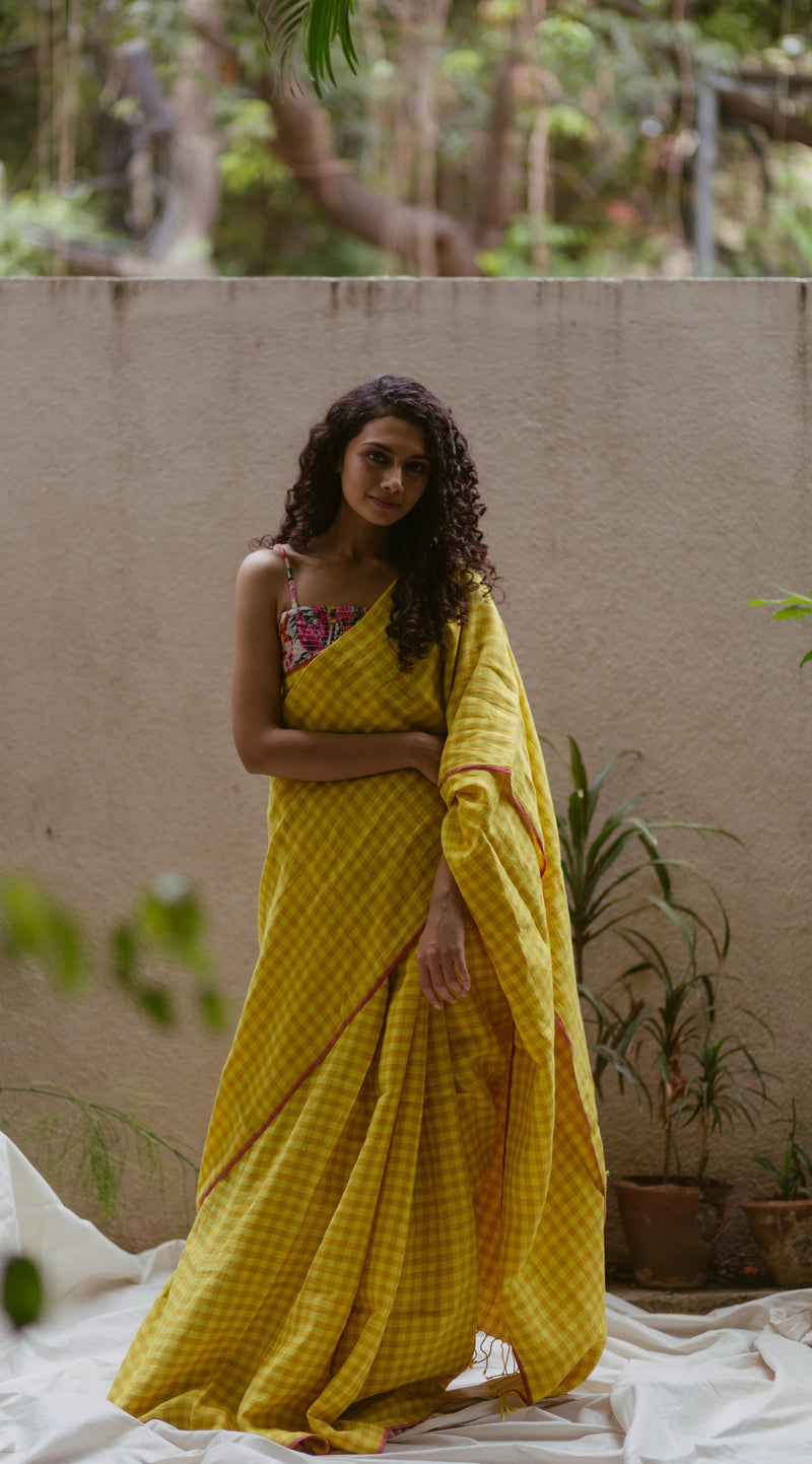 yellow handloom linen saree
