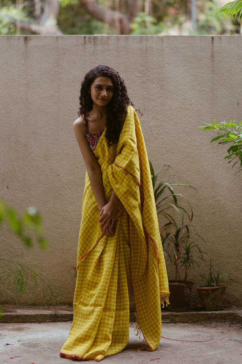 yellow handloom linen saree