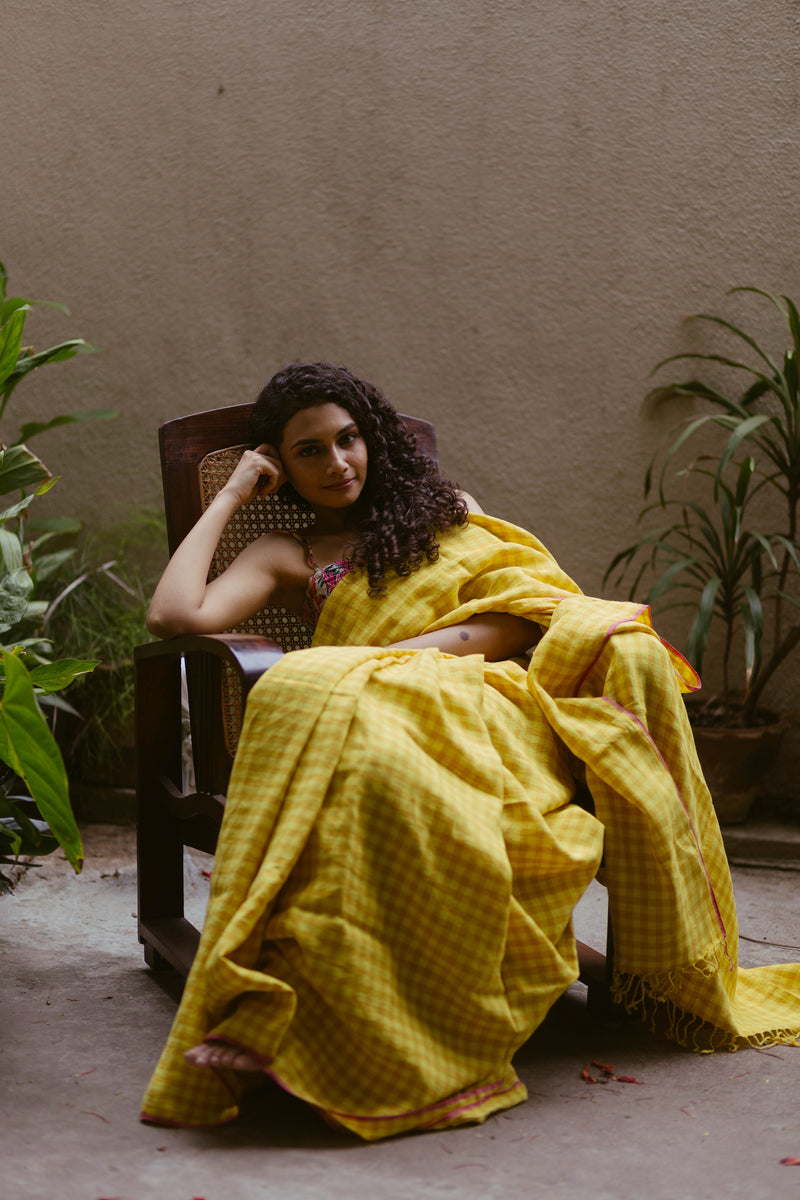 yellow handloom linen saree