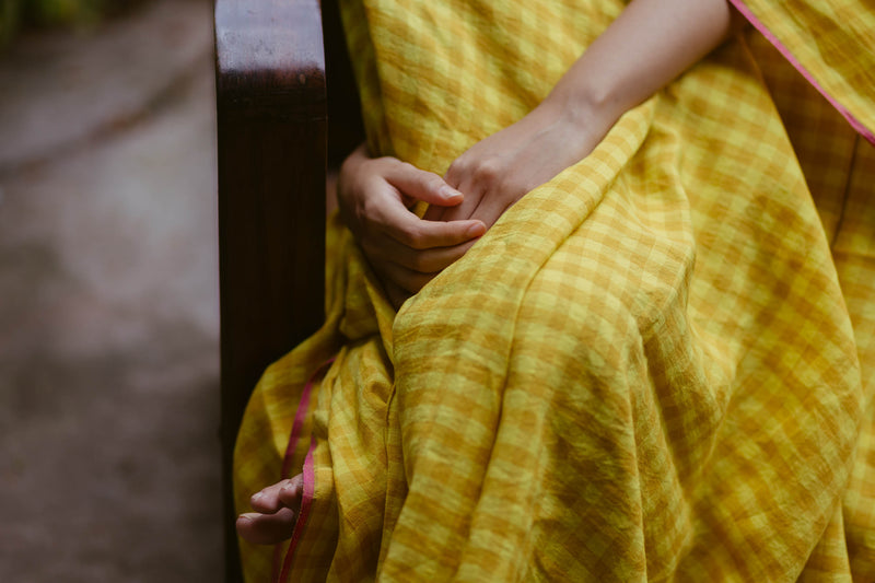 yellow handloom linen saree