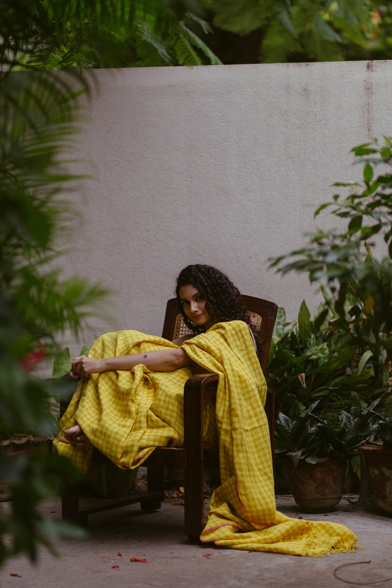 yellow handloom linen saree