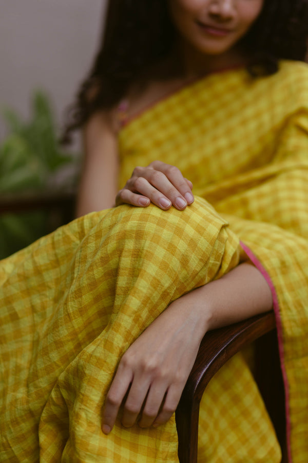 yellow handloom linen saree