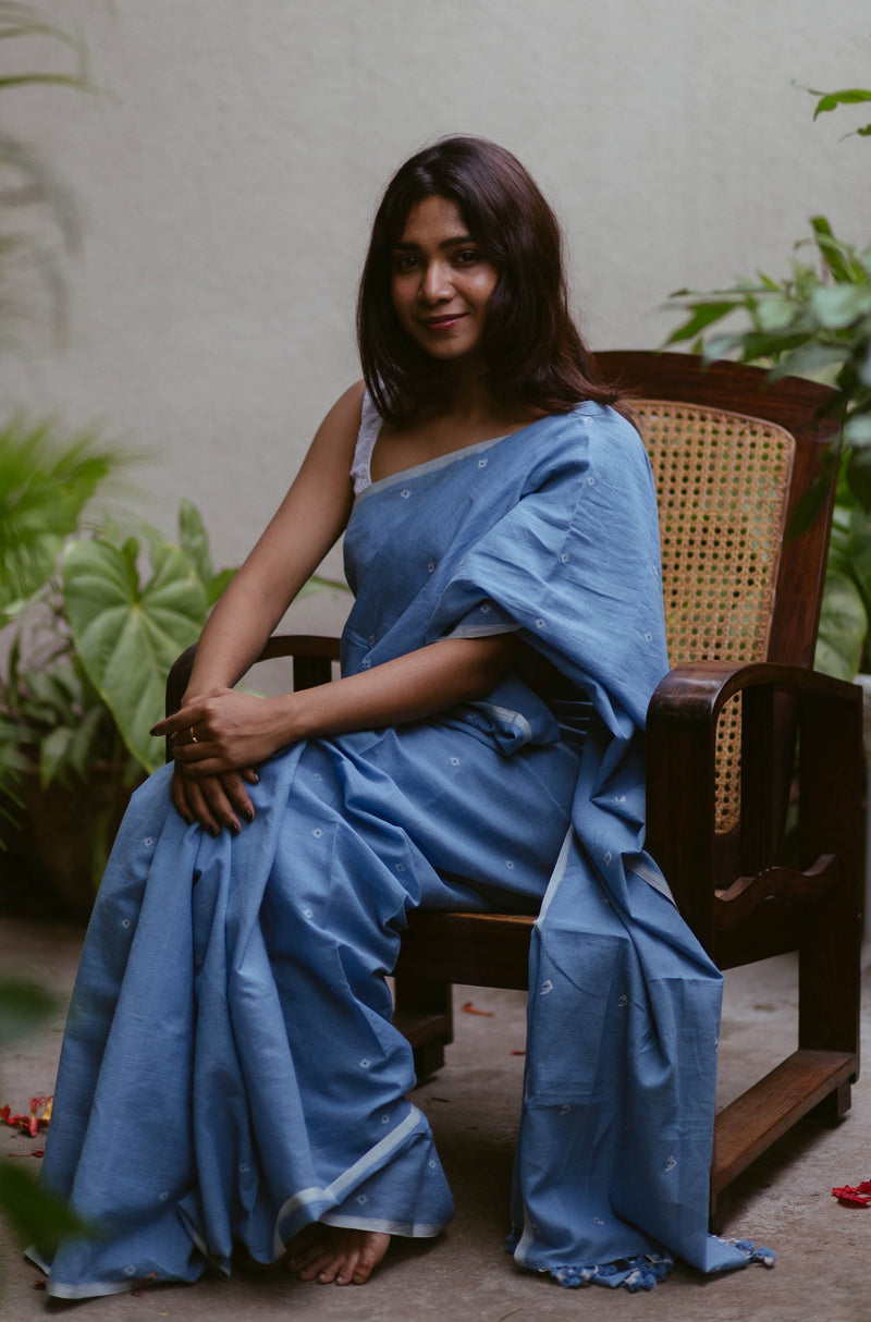 blue indigo dye jamdani cotton handloom saree 