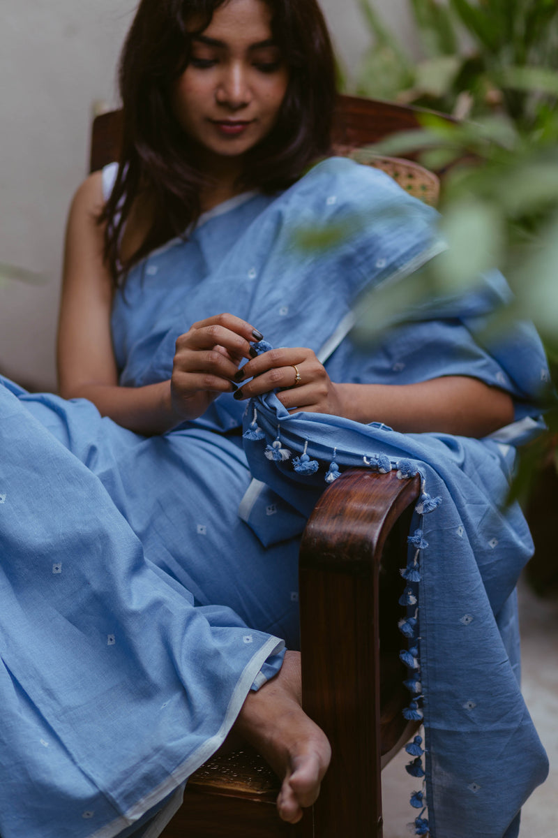 blue indigo dye jamdani cotton handloom saree 