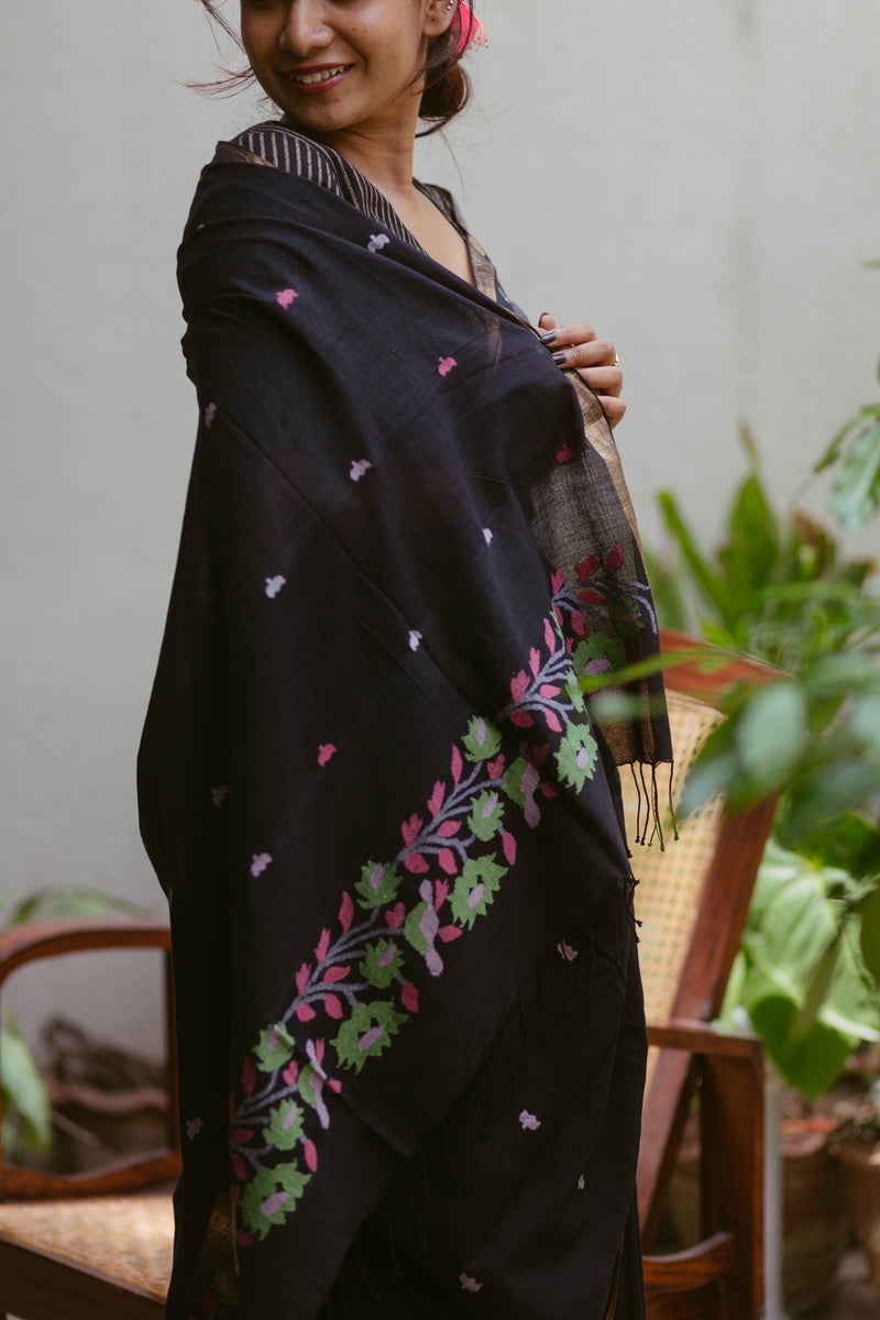 Black floral jamdani khadi cotton saree 