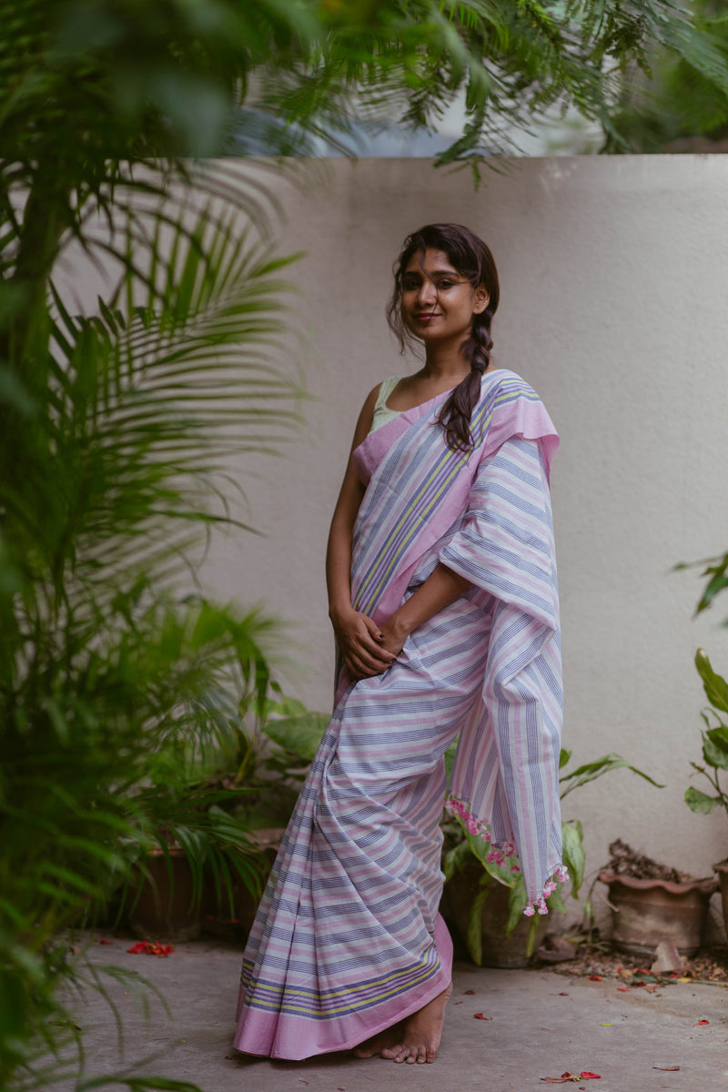 Pastel Striped Cotton Saree