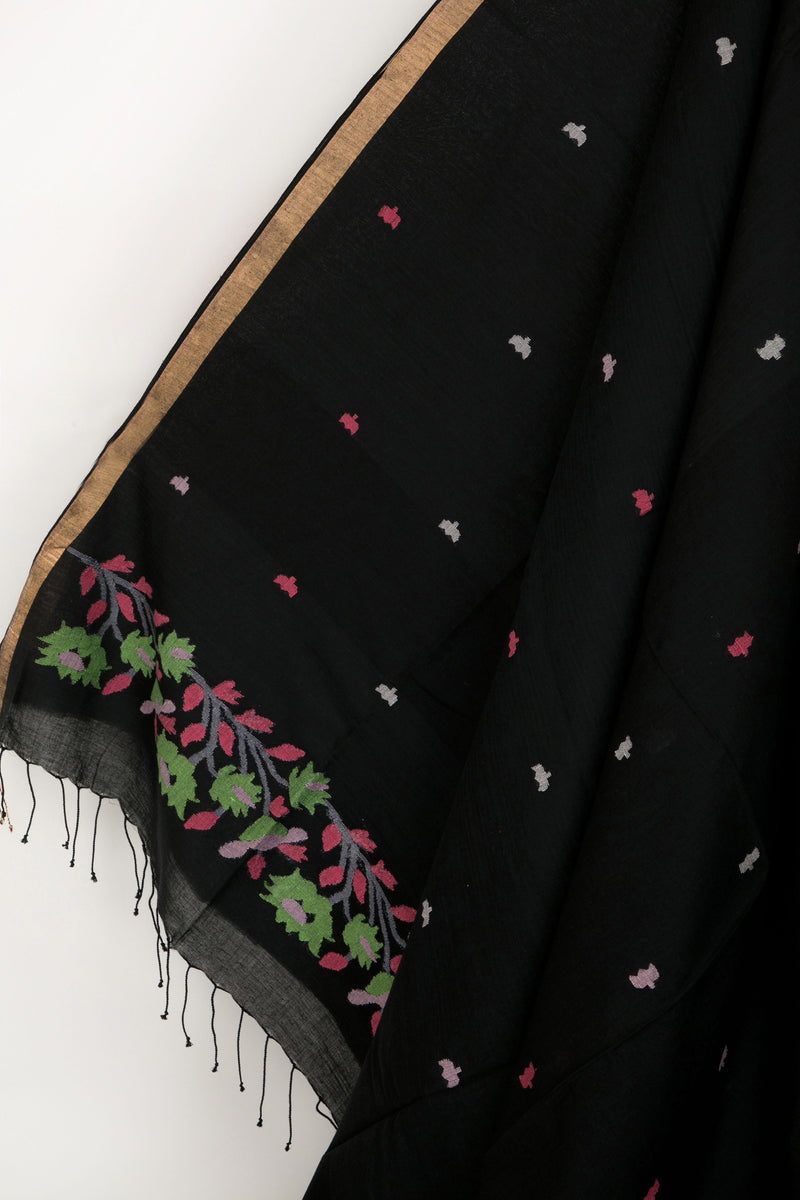 Black floral jamdani khadi cotton saree 