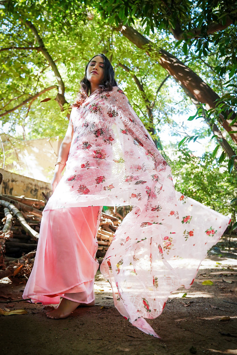 Pink on Pink  Half & Half Organza Saree