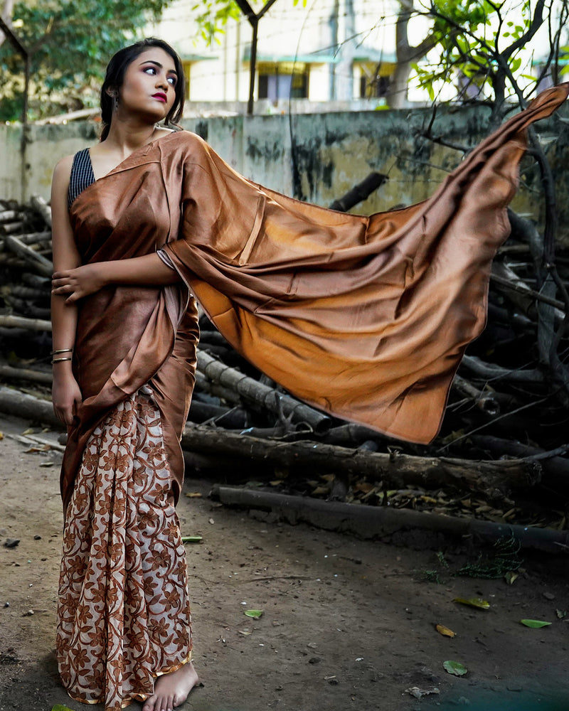 Cinnamon Brown Half & Half Organza Saree