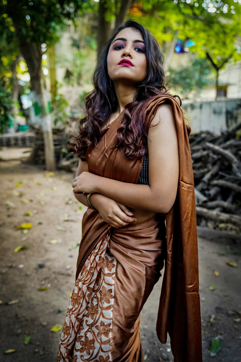 Cinnamon Brown Half & Half Organza Saree