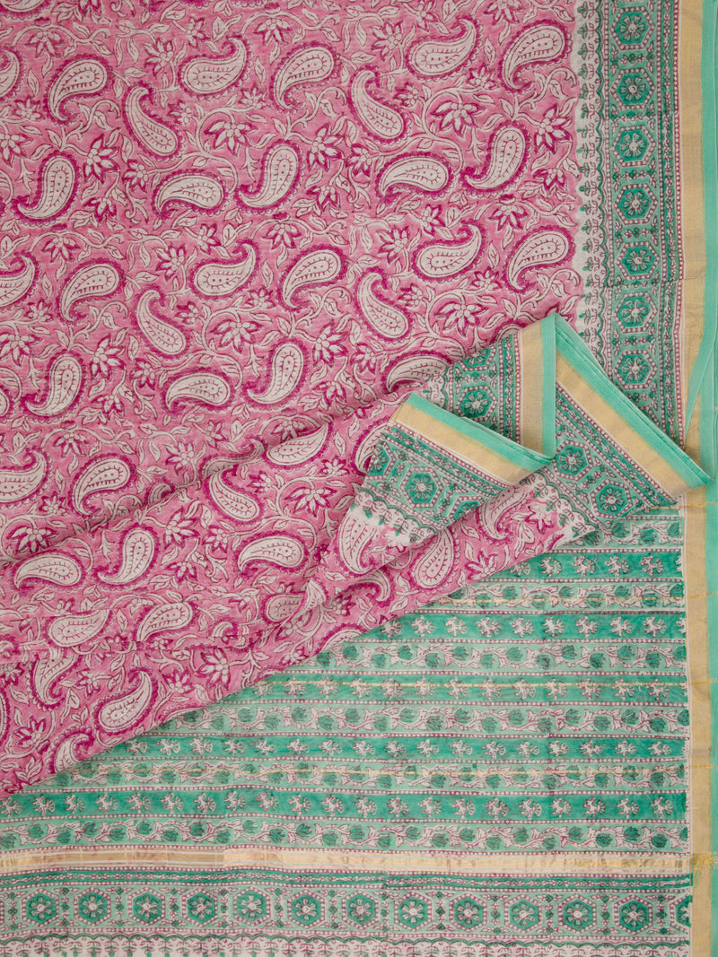 Pink Paisley - Hand Block Printed Chanderi Silk Saree
