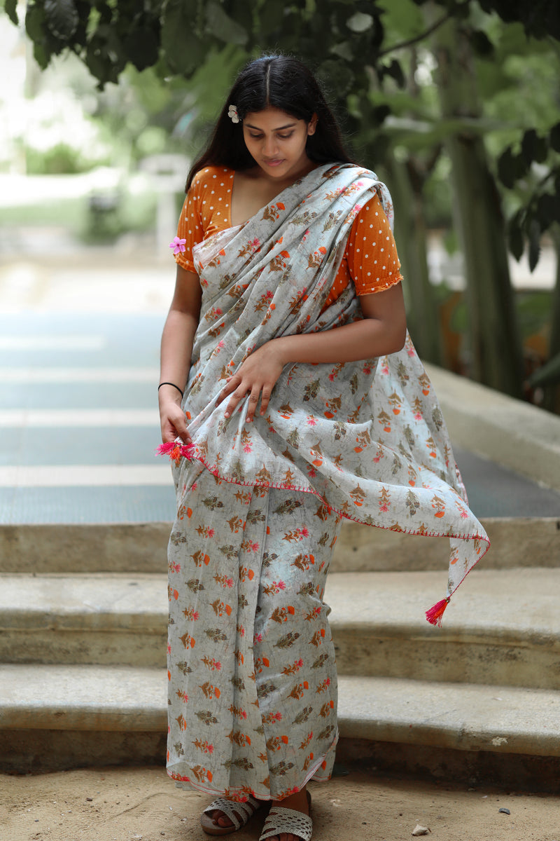 Orange Floral Prints On Grey - Pure Chanderi Silk Saree