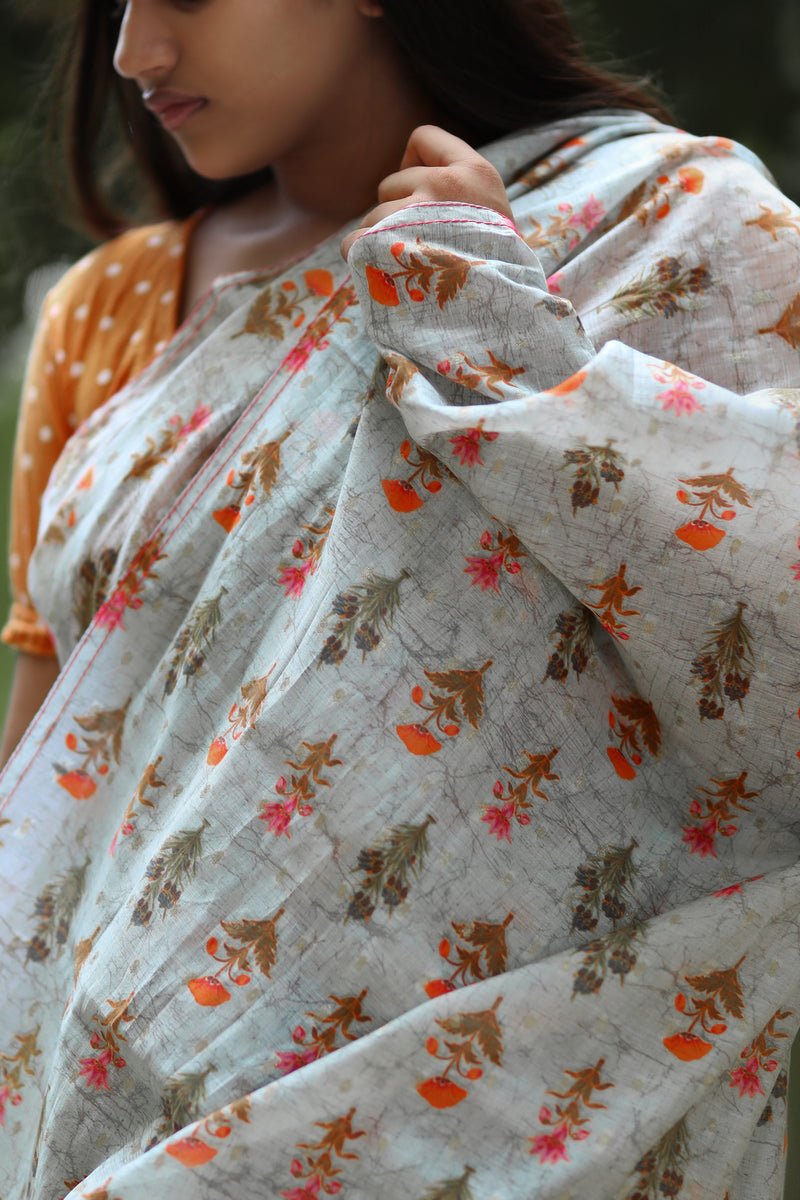 Orange Floral Prints On Grey - Pure Chanderi Silk Saree