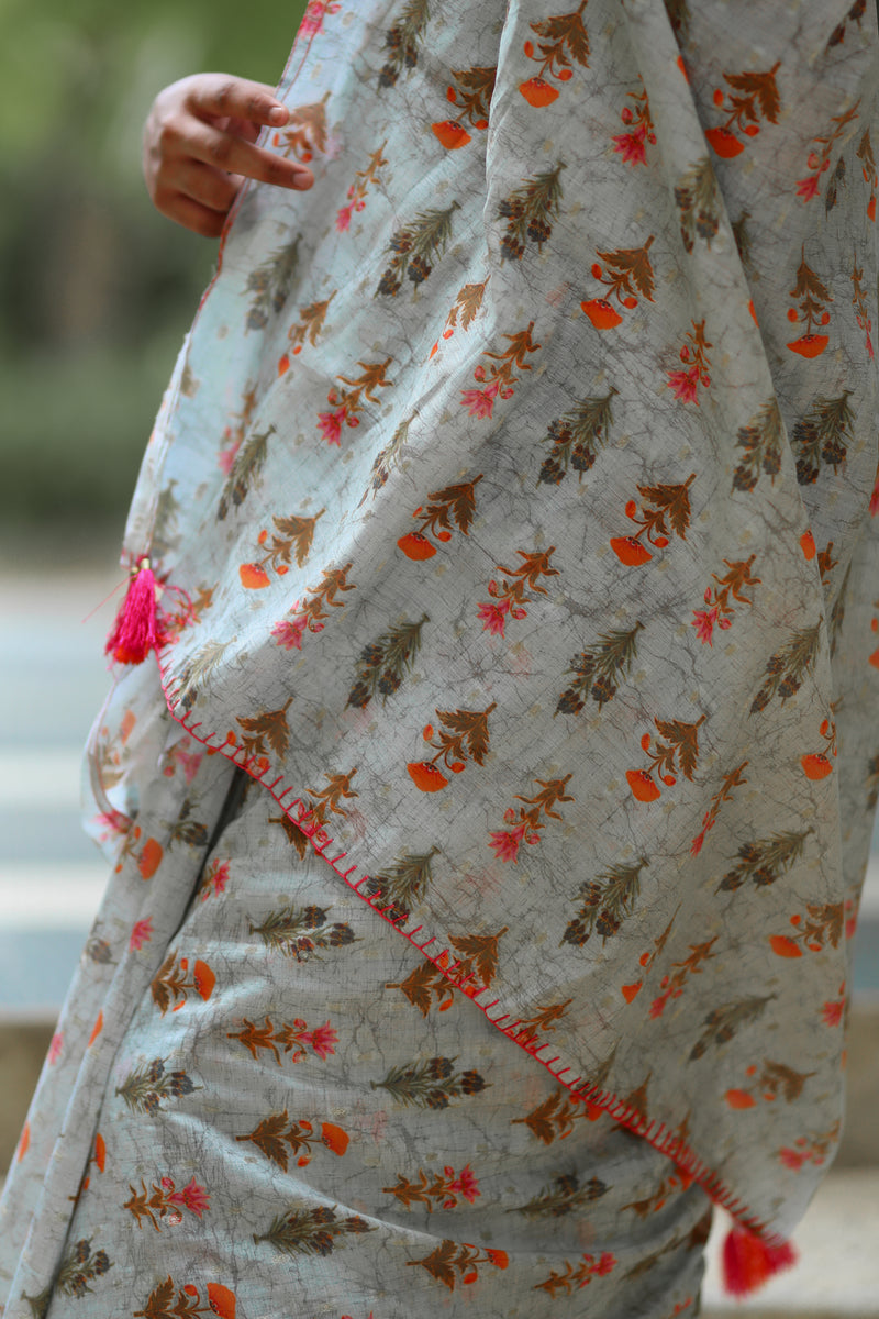Orange Floral Prints On Grey - Pure Chanderi Silk Saree