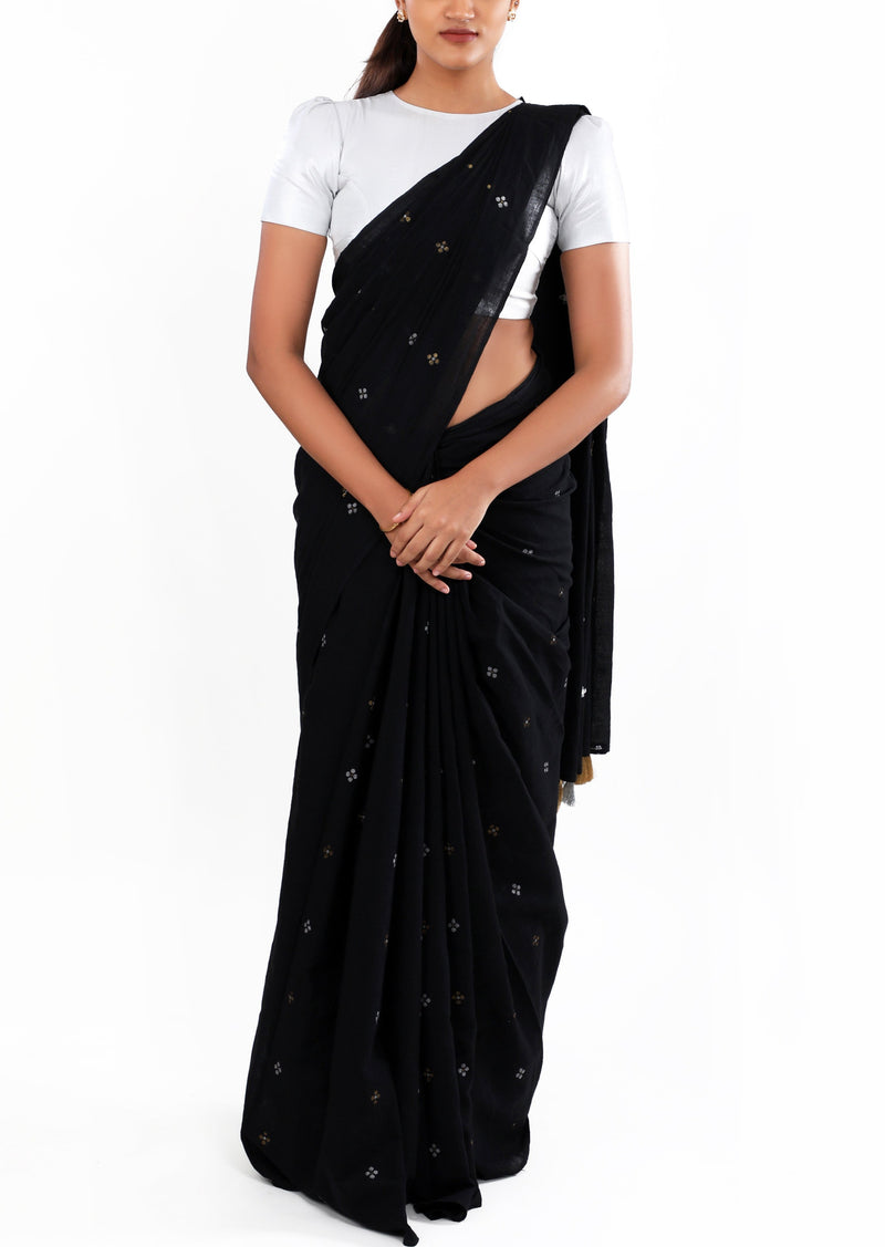 Black - Silver Gold Jamdani Flowers