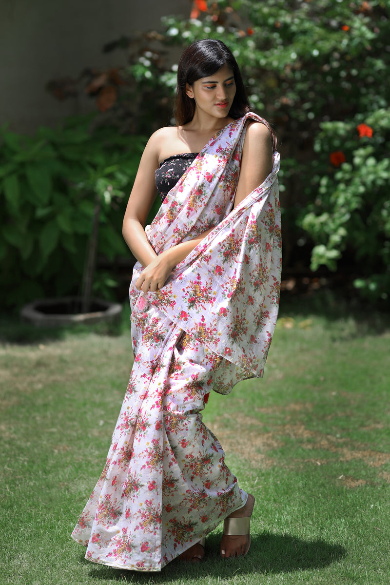 Pink Floral Prints On White - Pure Chanderi Silk Saree